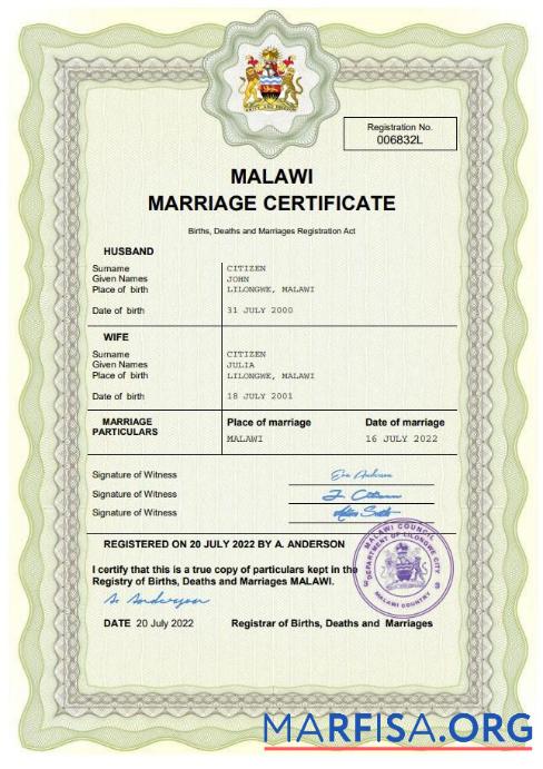 Printable Malawi marriage certificate Word and PDF template